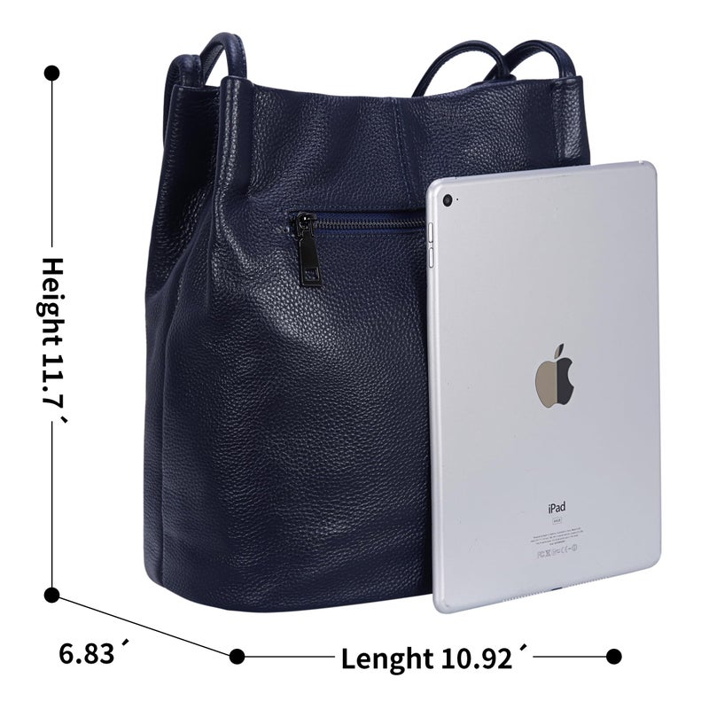 Iswee Genuine Leather Tote Purse Hobo Purses for Women Satchel Shoulder Bag Bucket Bags ladies Designer Handbags (Navy Blue Lichee) - Image 2